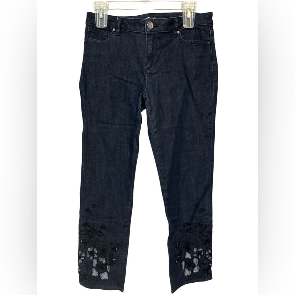 Elie Tahari Dark Denim Embellished Jewel Bottom Skinny Jeans